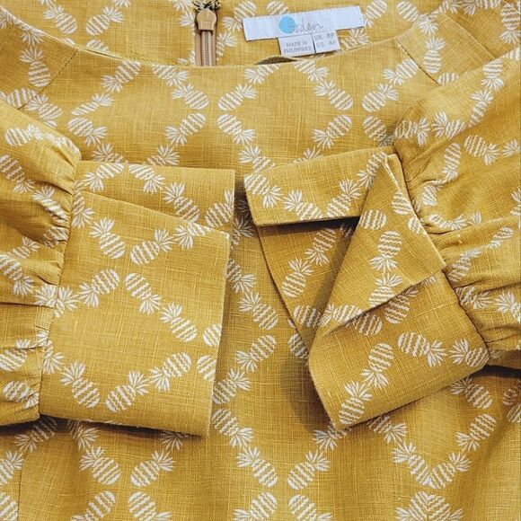 Boden Kate Mustard Yellow Pineapple 3/4 Sleeve 100% Linen Dress Size 8 Petite - Picture 7 of 9